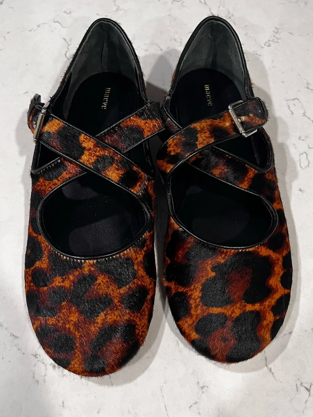 MAEVE Criss Cross Mary Jane Flats Calf Hair Leather Leopard Print Size 7 NWOB